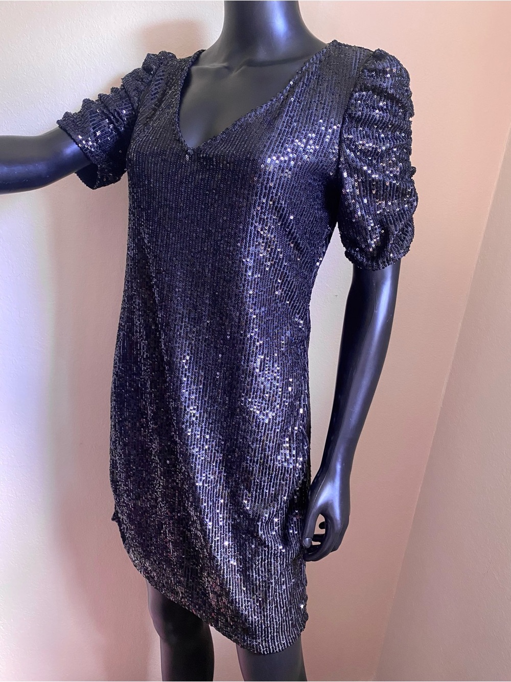 MARINA Black Ribbed Sparkling Sequin Mini Dress - Picture 4 of 11